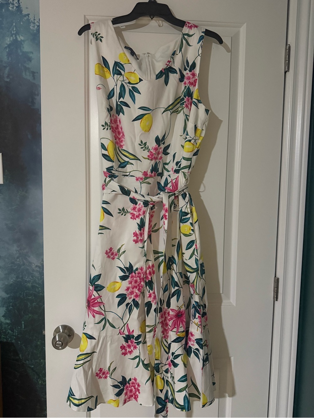 Talbots White Sleeveless Midi Dress with Pink Floral and Yellow Lemon Print